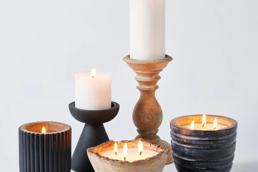 HS CANDLE HOLDER WOOD RIDGED M